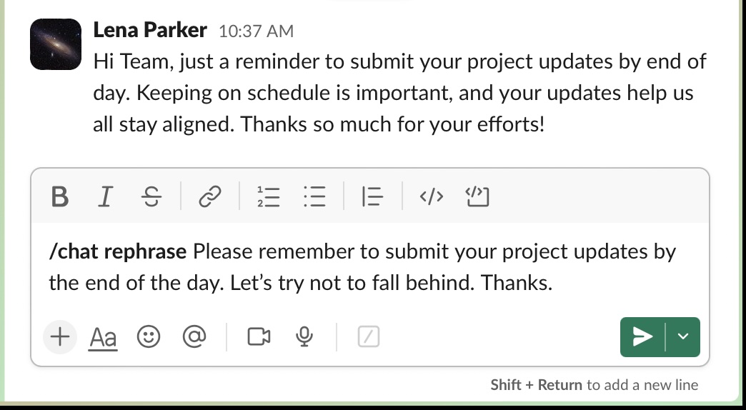 Chatizard AI improved professional message